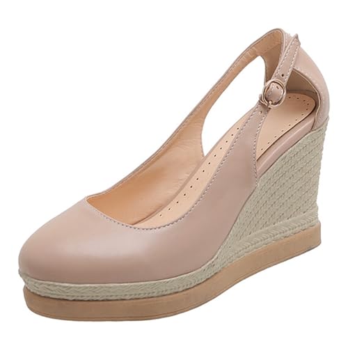 Alyaafifa High Heel Espadrilles Sandals Platform Wedges for Women Closed Round Toe Ankle Buckle Strap Heeled Pumps Casual Comfortable Matte Leather Dress Shoes Party Event Vacation Prom, Nude, 7.5