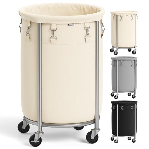 SONGMICS 18.5-Gallon (70 L) Laundry Basket with Wheels, Rolling Round Heavy-Duty Laundry Hamper Cart with Steel Frame and Removable Bag, 2 Locking Wheels, Cream White and Metallic Silver URL