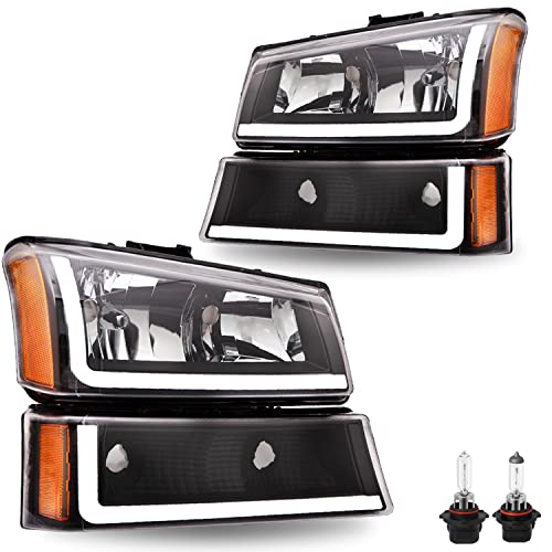 SOCKIR 4pcs LED DRL Headlight Assembly Compatible with 2003-2006 Chevy Avalanche/Silverado 1500 2500 HD 3500, 2007 Silverado Classic w/Bumper Lights Bulbs Included