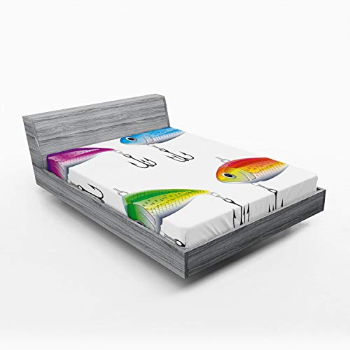 Ambesonne Fishing Fitted Sheet, Composition of Fishing Lures in Trout Shape Trap for Sea Mammals Creatures Picture, Soft Decorative Fabric Bedding All-Round Elastic Pocket, Full Size, Blue Purple