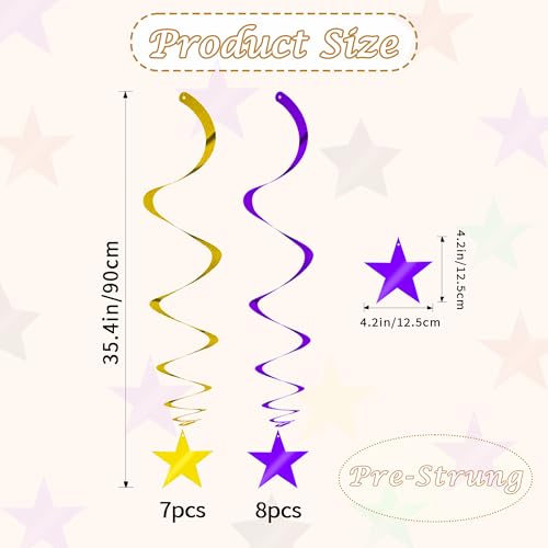 Image of BEISHIDA Purple Gold Star Hanging Swirl Decorations, Birthday Hanging Party Supplies for Wedding Baby Shower Birthday Congrats Grade 2026 Graduation Decorations,Pack of 15