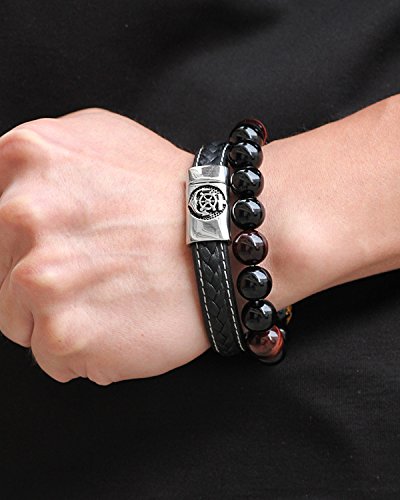 Image of Young & Forever Men's Genuine Braided Leather and Titanium Steel Bracelet | Bold Punk Tiger Eye Bead & Multi-Strand Wrist Bands | Vintage Nautical Clasp & Animal Head Hook Hook Kada Style Options