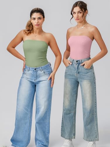 Image of OQQ Womens Tube Bodysuits Strapless Basic Sleeveless Ruched Stretch Classic-Fit Tops Sexy Bodysuits