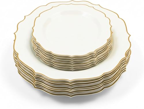 Luxia 20Pcs Scalloped Plastic Plate Set with Decorative Gold Border – Reusable Dinner & Dessert Plates, Hard Plastic Plates for Parties, Weddings, Birthday Events, Elegant Party Tableware