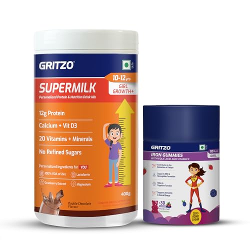Image of Gritzo SuperMilk Growth+ (10-12y Girl), 400g + Gummies | Double Chocolate | 12g Protein | Includes 30 Iron Gummies | Zero Refined Sugar