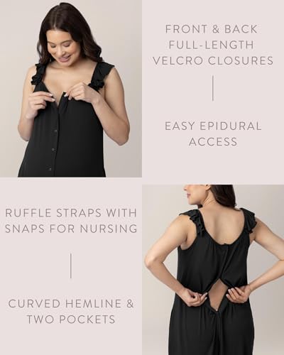 Image of Kindred Bravely Ruffle Strap Labor and Delivery Gown for Birthing & Nursing | Soft maternity hospital gown with velcro for monitoring, epidural, skin-to-skin contact, breastfeeding nightgown with pockets
