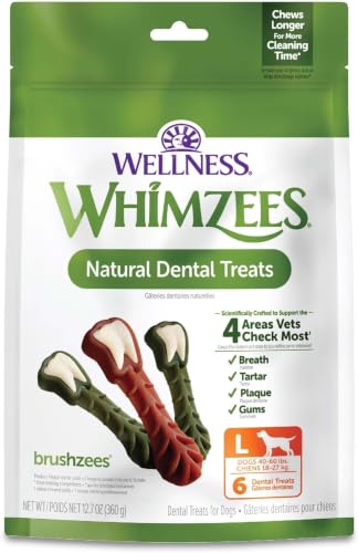 Image of Whimzees Wellness Brushzees Natural Dog Dental Treat, VOHC Accepted Chews, Freshens Breath, Large Size, 12.7 oz Bag, 6 Count (Pack of 6)