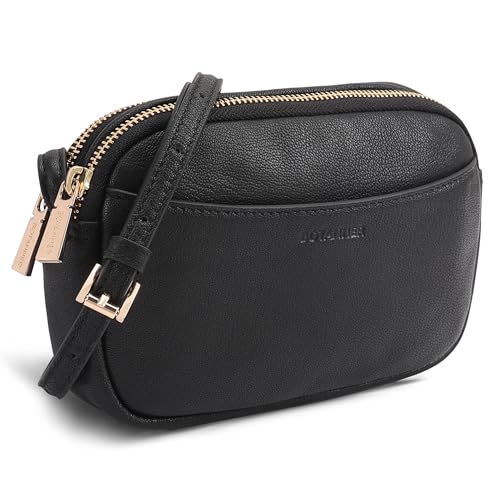 Genuine Leather Double Zipper Small Crossbody Bag for Women with an Adjustable Strap