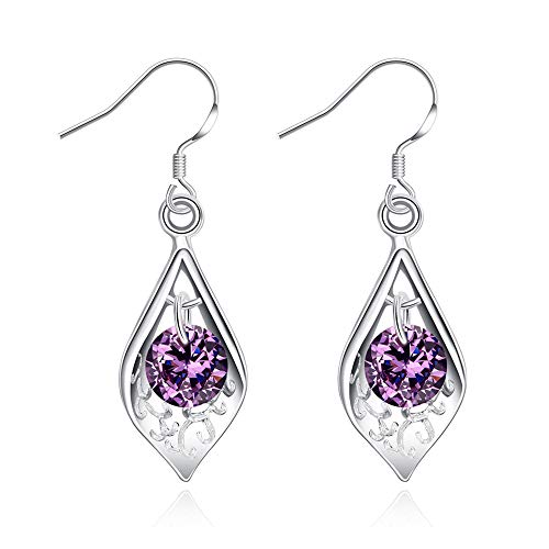 KEETEEN â€Leaf" 925 Sterling Silver Earrings Dangle TearDrop Earrings for Women (purple crystal)