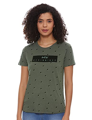 Pepe Jeans Women's Polka dot Regular fit T-Shirt (PL504565_Dk Olive Small)