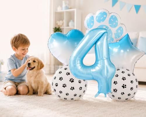 Image of Blue Dog Cat Paw Print Number 4 Balloons set,Boy Girl 4th Birthday Decor