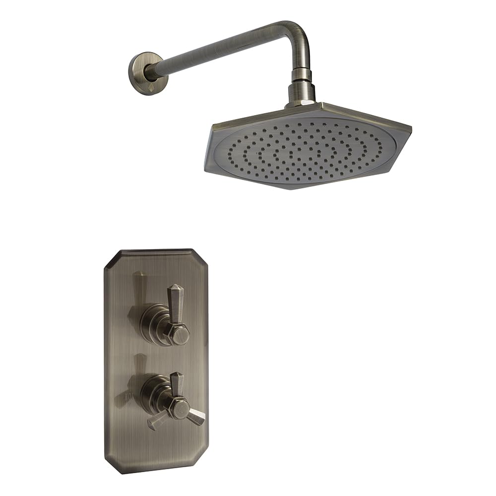Milano Aged Gold Earlham Art Deco Twin Thermostatic Mixer Valve Rainfall Shower Head Wall Arm