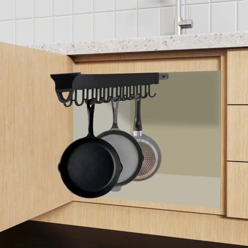 Adjustable 10" Hanging Pot Rack with Hooks - Space-Saving Kitchen for Pots & Pans Sliding Rail Storage Solution for Cabinets & Closets - Supports Up to 75 lbs