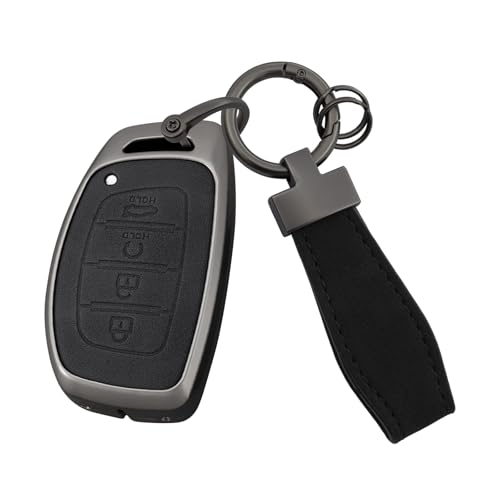 HIBEYO Key Fob Cover Compatible with Hyundai Tucson Sonata Fe Creta Mistra Elantra Ioniq Venue IX35 I10 I20 I30 I40 Solaris Kona Accessories Leather& Zinc Alloy Key Case-4 Button A Type Black