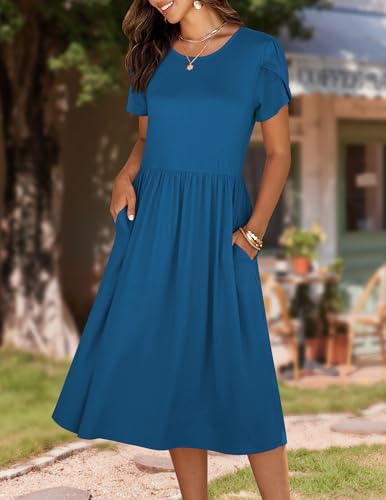 Image of HOTOUCH Women's Summer A-Line Midi Dresses 2026 Casual Floral Short Sleeve T-Shirt Dress Flowy Beach Sundress with Pockets