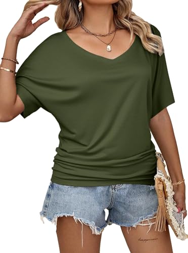 Image of Hilinker Womens Sexy Off The Shoulder Tops Short Batwing Sleeve T Shirt Oversized Casual Tee