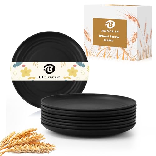 BUSOKIP 5.7 Inch Dessert Plates Set of 8, Unbreakable Wheat Straw Plate Appetizer Plates, Plastic Plates Reusable, Microwave & Dishwasher Safe Mini Plate for Kitchen (Black)