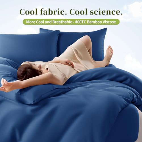 Shilucheng 100% Viscose Derived from Bamboo_ Sheets Cal King Size 4pcs - Ultra Cooling & Silky Soft Bed Sheets, 16" Deep Pocket, Perfect for Hot Sleepers, Hotel Bedding Sheets (Navy Blue)