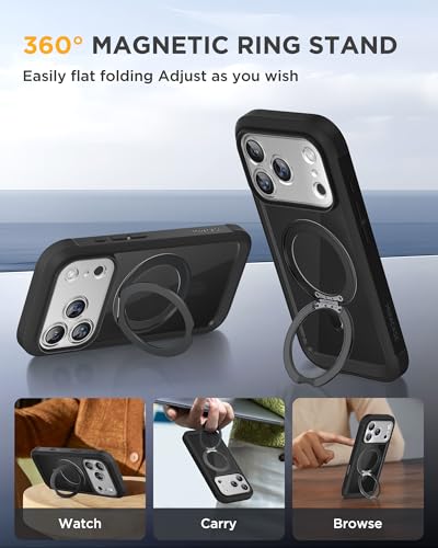 Image of Miracase for iPhone 17 Pro Max Case with 360 Magnetic Ring Stand [Compatible with Magsafe] Full-Body Drop Proof Bumper Phone Case with Built-in 9H Tempered Glass Screen Protector,Black