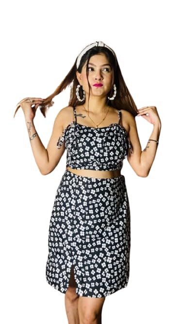 Floral Two-Piece Set, Black and White Daisy Print Crop Top and Midi Skirt with Front Slit, Adjustable Straps, Cotton Blend-image-23