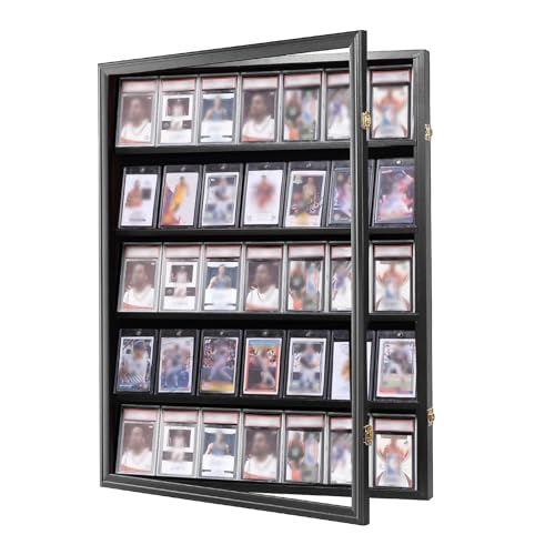 Baseball Card Display Case- Lockable 35 Graded Sports Card Display Frame - Holds Sport Cards with UV Protection Clear View Wooden Wall Cabinet for Football Basketball Hockey Trading Card (Vertical)