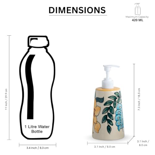 Image of ExclusiveLane 'Eden Bloom' Hand-Painted Ceramic Bathroom Accessories Set of 2 (Liquid Soap Dispenser for Wash Basin, Paste & Toothbrush Holder) |Handwash Dispenser |Bathroom Organiser Set