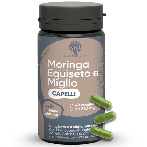 Integratore Biotina Capelli con Moringa, Equiseto, Miglio, Zinco, Cistina, Metionina | Hair Vitamins MIX UNICO | Integratore Anticaduta Capelli Donna e Uomo | 60 Capsule Made in Italy | RedMoringa