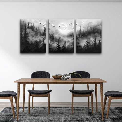 DZRWUBHS Black And White Wall Paintings Wall Art For Living Room Canvas Wall Decor For Bedroom Modern Office Decorations Misty Forest Landscape Abstract Wall Pictures Wall Hanging Room Home Decor