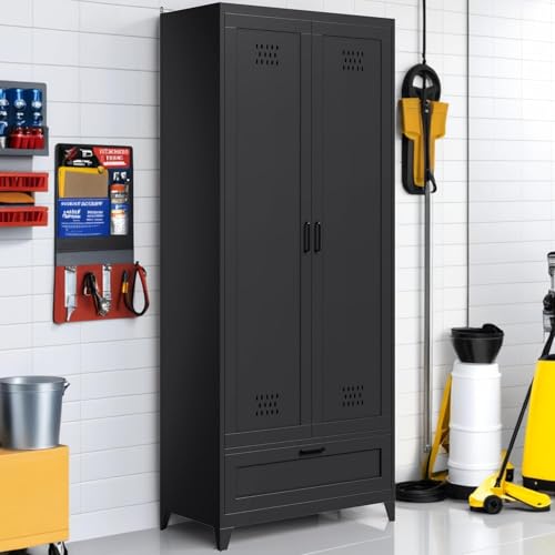 YITAHOME 71 Metal Garage Broom Cabinets with Adjustable Shelves Vacuum Storage Cabinet with Doors and Drawer Tool Storage Cabinet for Gym Basement Warehouse Black Metal