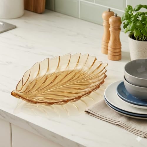 Image of Elegant Amber Glass Leaf-Shaped Serving Plate Set of 1, Decorative Glass Tray for Snacks, Dry Fruits & Desserts Premium Tableware for Home, Dining & Gifting