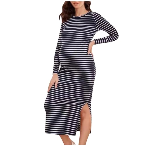 Vestido de Lactancia de Maternidad Mujeres Manga Larga Casual Embarazadas Ropa Fruncida para Embarazadas Raya Estampado Cuello Redondo Primavera Verano Vestido Largo premamá camisón