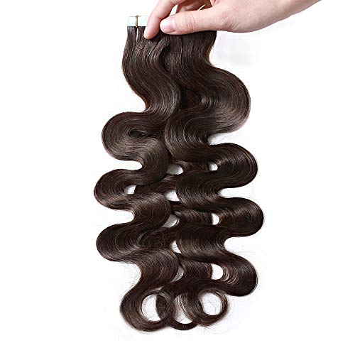 Hairro Tape In Hair Extensions Human Hair 18 Inch Long Body Wave 50G 20Pcs/Pack #2 Dark Brown Thin Wavy Silky Seamless Skin Weft Glue In Human Hairpieces #TOP5