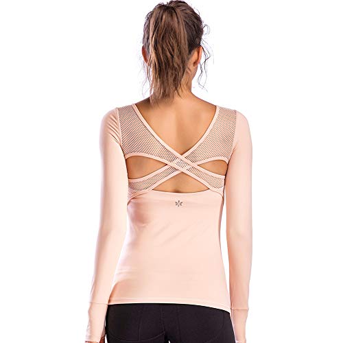 Move With You Women's Workout Yoga Long Sleeve Top Slim Mesh Open Back Cross Sports Shirt with Thumb Holes, L, Pink2