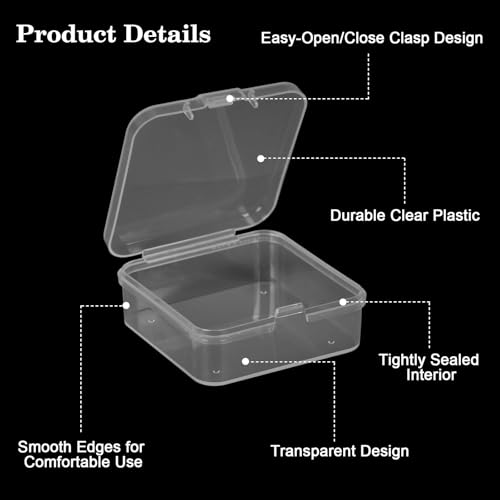 Image of AQQHSAIN 100 Pieces Transparent Boxes with Hinged Lid Clear Plastic Beads Storage Containers Box Mini Square Arts Crafts Storage Boxes Organizers for Earplugs,Pins, Jewelry,Small Items
