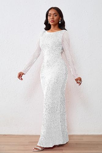 Image of VERWIN Women's Sequins Bodycon Round Neck Long Sleeve Sparkly Mermaid Maxi Dress for Casual Party Cocktail