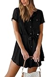 PRETTYGARDEN Women's Casual Summer Button Down Shirt Dress Collared V Neck Short Sleeve Belted Pocket Dresses (Black,Large)