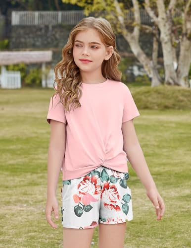 Image of Arshiner Girls Clothing Sets Twist Front Top and Shorts 2 Piece Outfits Activewear Tracksuit 5-14 Year
