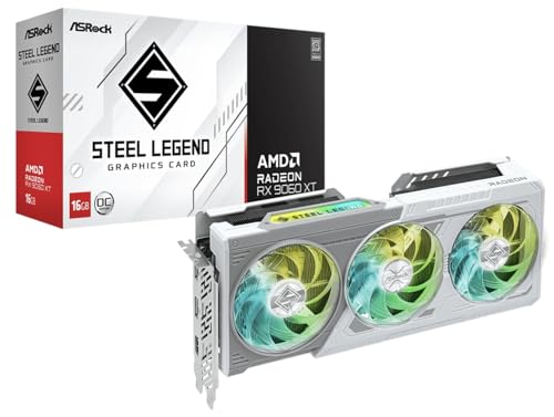 Image of ASRock AMD Radeon RX 9060 XT Steel Legend Overclocked Triple Fan 16GB GDDR6 PCIe 5.0 Graphics Card. 7680 x 4320 Maximum Resolution. Boost Clock: Up to 3320 MHz / 20 Gbps.