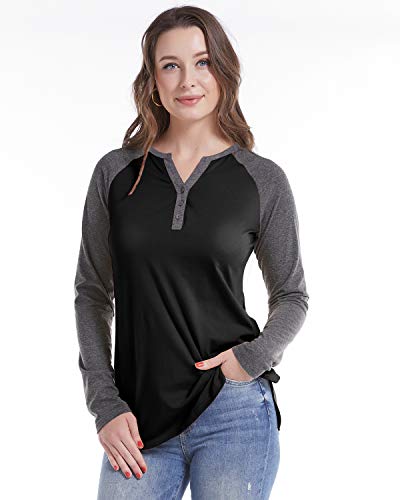 STYLEWORD Womens Long Sleeve Henley Raglan T Shirts V Neck Button Casual Blouse Tops(Black-555,M)