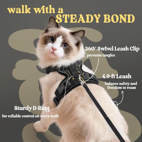 Image of rabbitgoo Cat Harness and Leash Set, Escape Proof Vest, Lunar Prowl | Soft Breathable Mesh, Easy Adjustable Fit, Snap Buckles, Sturdy Clip, Reflective Strips, for Average Cats Walks, S