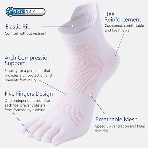 SPST Toe Socks for Men and Women, Coolmax Five Finger Ankle Socks, Athletic Running Socks, 3 Pairs4