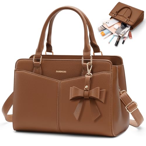 RAINSMORE Handtasche Damen Mittelgroß PU Leder Henkeltaschen Damen Klein Damenhandtaschen Tasche Damen Umhängetasche Tote Bag Schultertaschen Braun