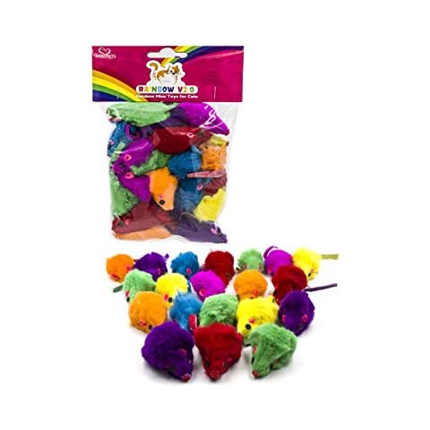 AXEL PETS 20 Colorful Rainbow V2.0 Mice with Catnip and Rattle Sound Made of Real Rabbit Fur Interactive Catch Play Mouse Toy for Feline Cat, Pack of 20 Mice Cover
