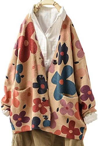 YESNO Cardigan Sweaters for Women Open Front Sweater Graphic V Neck Long Sleeve Button Down Loose Outwear Knit Tops with Cute Pockets L S01TYP3 CR101