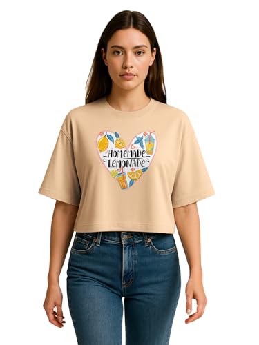 Image of HELLCAT Beige Printed Loose Fit Crew-Neck Crop T-Shirt for Women