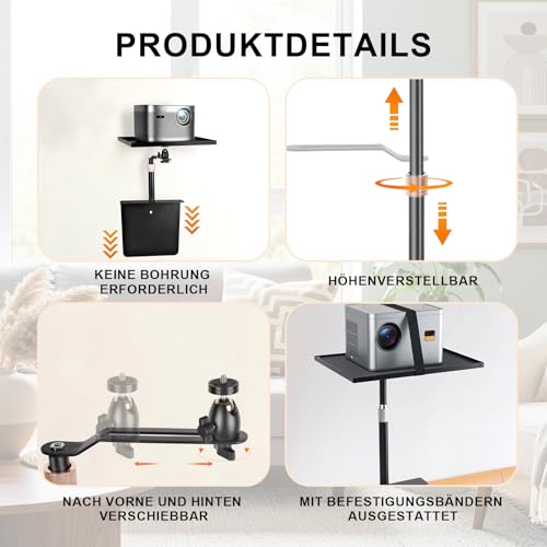Soporte universal para proyector extensible de pared con bandeja y cabezal giratorio ajustable 4