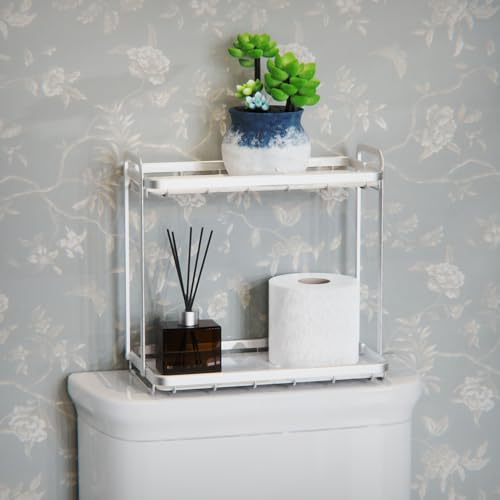AquaChase Counter Organizer for Bathroom, Kitchen or Coffee Bar, Metal Shelf with Faux Marble, Vanity Countertop Makeup Storage, Dresser Perfume Display Rack, Toilet Tank Tray (Matte Silver, 2-Tier)