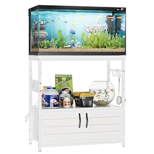 Bestier 20-29 Gallon Aquarium Stand with Power Outlets, Metal Long Fish Tank Stand with Storage Cabinet, 31.5″ Lx15.7″ W Reptile Terrarium Stand with Horizontal Gold Line, 350LBS Capacity (White)