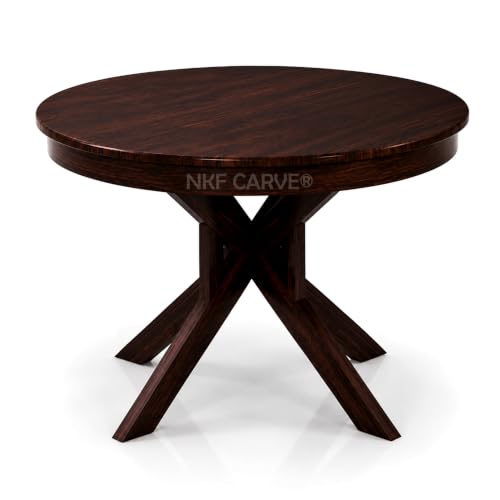 Image of Wooden 4 Seater Dining Set | Solid Sheesham Wood Round Dining Table with Slat Backrest Pattern Cushioned Chairs | Modern & Trending Design for Home & Dining Room | Walnut Finish