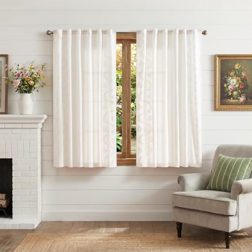 Image of jinchan White Floral Linen Kitchen Tier Curtains 50x45 Inch 2 Panels